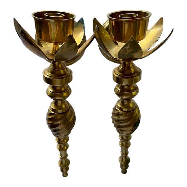 Vintage Solid Brass Lotus Flower Wall Sconces — Pair For Sale
