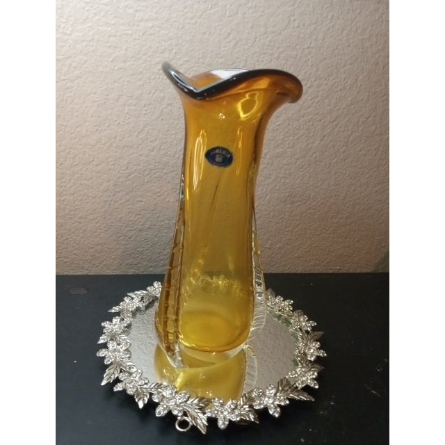 Boho Chic Vintage Bohemia Czech Amber Ridged Art Glass Vase For Sale - Image 3 of 4