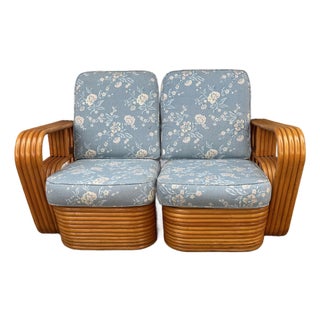 Paul Frankl Style Rattan Bamboo Pretzel One-Arm Club Lounge Chairs Loveseat Sofa For Sale