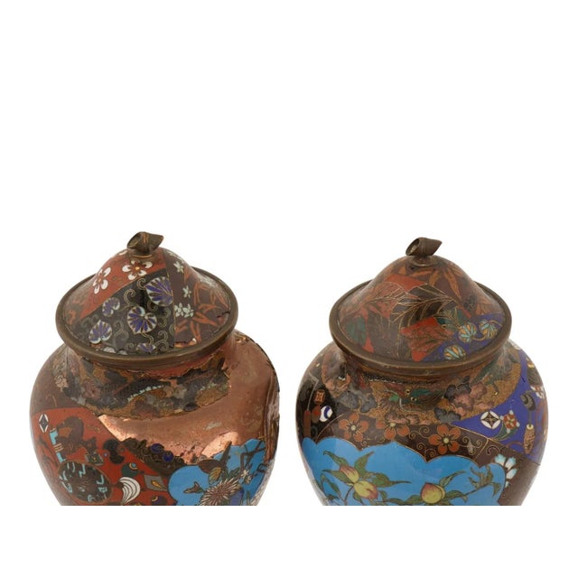 Copper Antique Japanese Meiji Cloisonne Enamel Covered Jars For Sale - Image 8 of 11