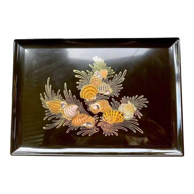 Vintage Couroc of Monterey Seashell & Brass Inlay Serving Tray, 18" For Sale