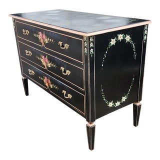 Vintage Black Painted Floral 3 Drawer French Louis XV Style Chest, C1970s For Sale