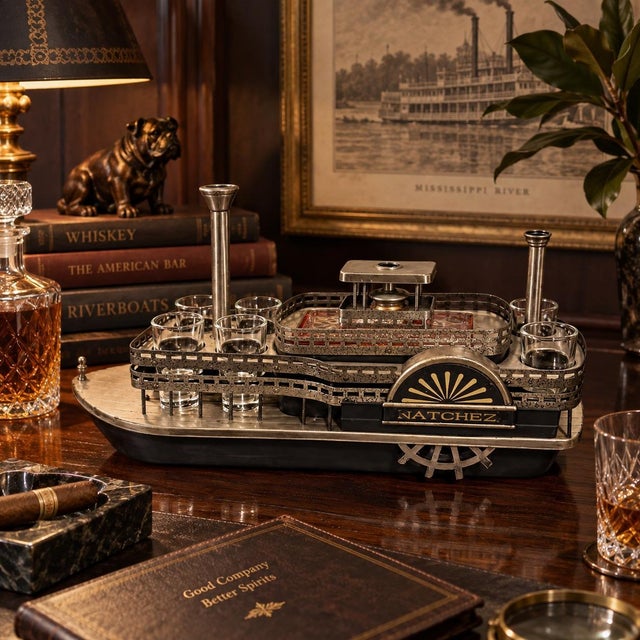 Nautical Vintage Natchez Mississippi Riverboat Musical Drink Caddy With Decanter & 6 Shot Glasses For Sale - Image 3 of 12