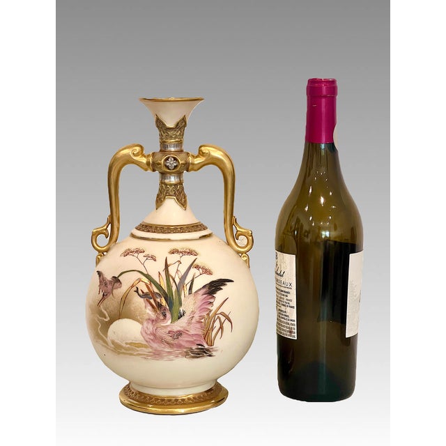 Antique Royal Worcester Porcelain Dolphin Handled Gilt Vase With Pink Pelicans, 1884 #871 Aesthetic Movement For Sale - Image 10 of 14