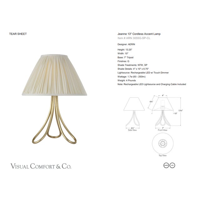 AERIN by Visual Comfort Signature Jeanne 13" Cordless Accent Lamp in Gild with Silk Pleated Shade Designer: AERIN Height:...