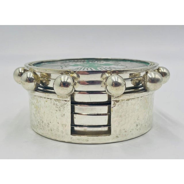 Emilia Castillo 1980s Set of 6 Porcelain & Pure Silver Drink Coasters & Holder by Emilia Castillo For Sale - Image 4 of 18
