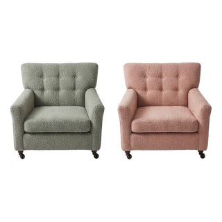 Mid-Century Hungarian Lounge Chairs in Sage Green and Dusty Pink Bouclé with Casters, Set of 2 For Sale