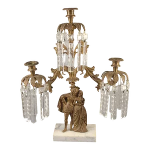 Antique Victorian Figural 3 Arm Girandole Centerpiece Candelabra Crystal Prisms