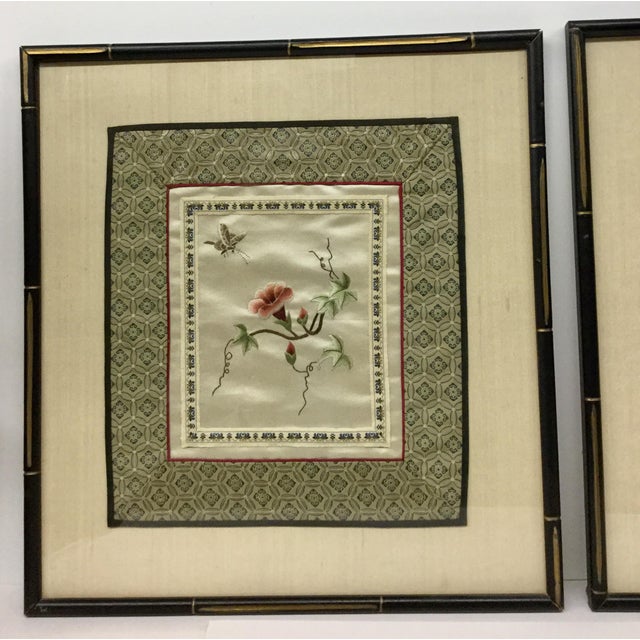 1960s Vintage Framed & Matted Chinese Silk Embroidered Panels a Pair
