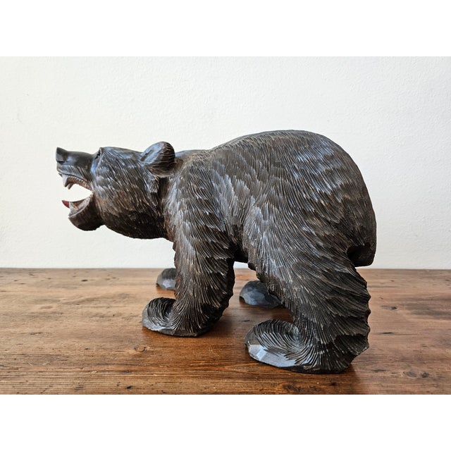 Large Antique Swiss Black Forest Bear Statue Folk Art Wood Carving For Sale - Image 4 of 12