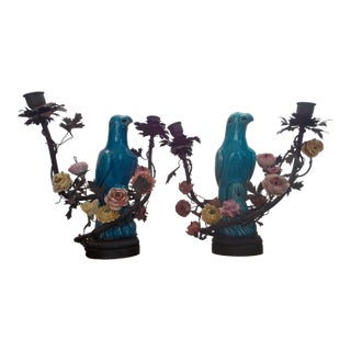 C1850's French Antique Louis XVI China Blue Porcelain Parrots Among Porcelain Flowers Bronze Mounted Table Lamps a - Pair For Sale