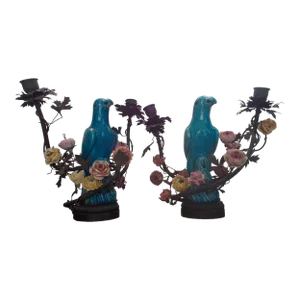 C1850's French Antique Louis XVI China Blue Porcelain Parrots Among Porcelain Flowers Bronze Mounted Table Lamps a - Pair
