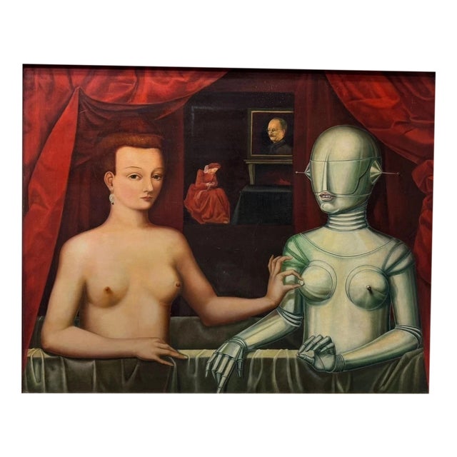 Surrealist Artist, Nude, Figurative Composition, Oil Painting on Wood For Sale