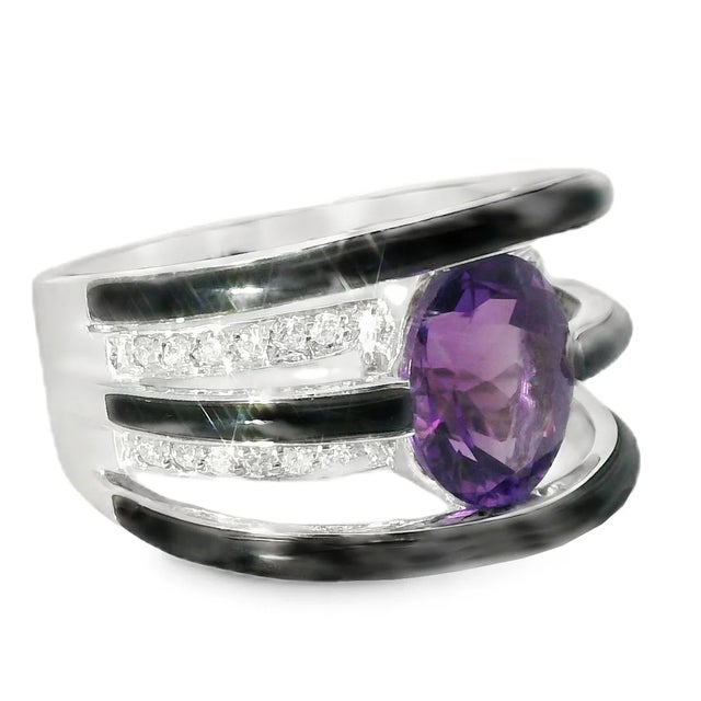 Art Deco Late 20th Century 14K White Gold Diamond Amethyst Onyx Band Ring, Size 7.25 For Sale - Image 3 of 4
