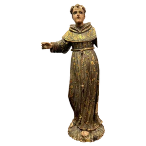 17th Century Hand Carved Saint Francis Wooden Sculpture, Spain, 1650s