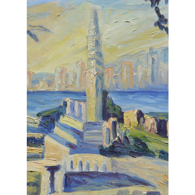 Wonderful mid century expressionist urban landscape of Coit Tower and skyline of San Francisco, circa 1950s. Signed lower...