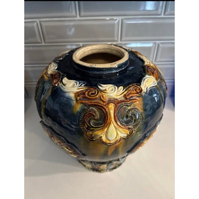 Antique Cobalt Blue Sancai Glaze Style Urn 1970’s Reproduction Vase Majolica Pottery 11" High X 10" For Sale - Image 9 of 12