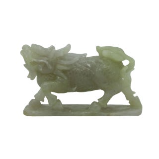Detail Chinese Hand Carved Natural Jade Lucky Feng Shui Kirin Statue For Sale