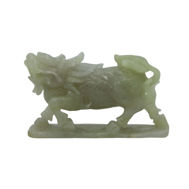 Detail Chinese Hand Carved Natural Jade Lucky Feng Shui Kirin Statue For Sale