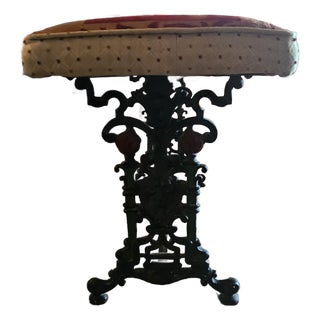 Antique 19th Century Victorian Ornate Cast Iron Parlor Bench With Patchwork Jacquard Cushioned Seat For Sale