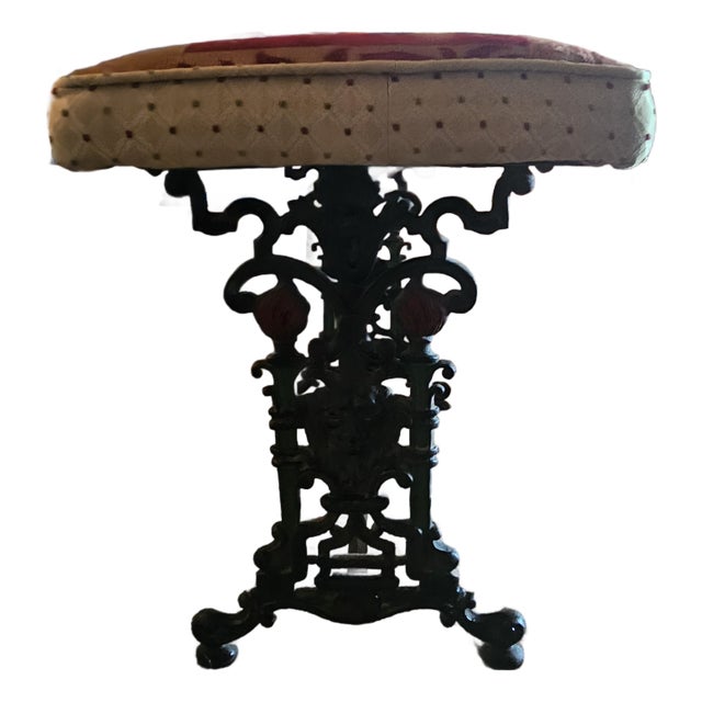 Antique 19th Century Victorian Ornate Cast Iron Parlor Bench With Patchwork Jacquard Cushioned Seat For Sale