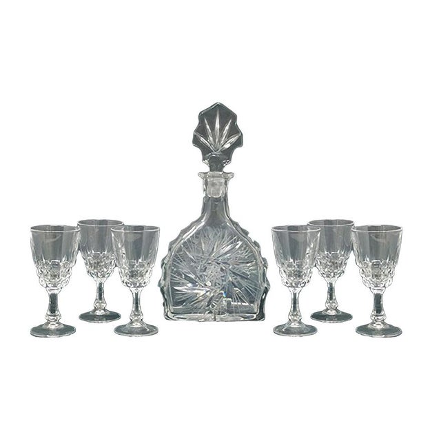 Italian Crystal Decanter and Glasses Set, Set of 7 For Sale - Image 9 of 9