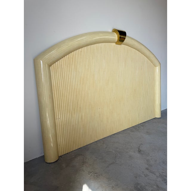 Beautiful 1990’s vintage Jimeco LTDA king-size headboard handcrafted in Colombia, featuring tessellated bone with a smooth...