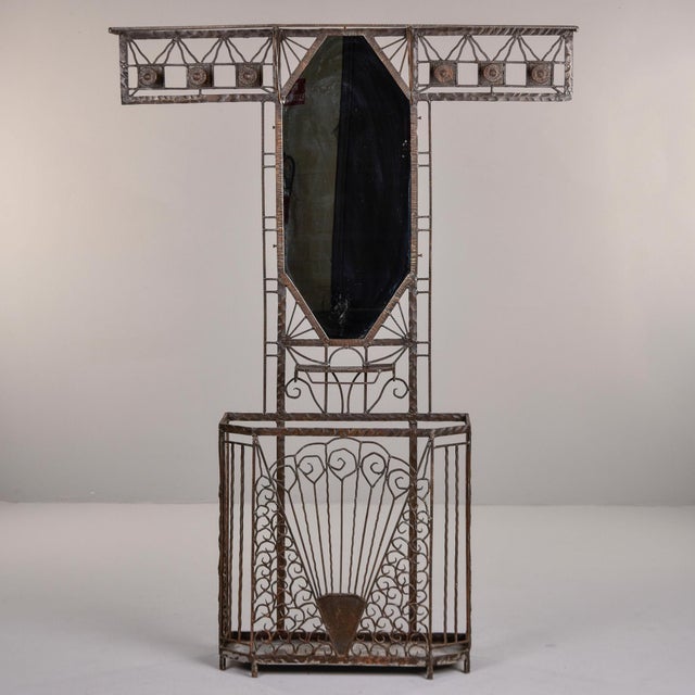 French Art Deco Edgar Brandt Style Fer Forge Iron Hall Tree For Sale - Image 9 of 12