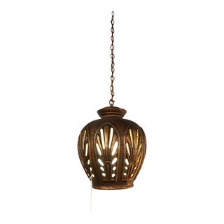 1970's Vintage Bronze Pierced Ceramic Pendant Light For Sale