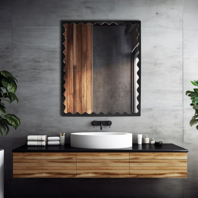 Glass Scalloped Black Rectangle Mirror For Sale - Image 7 of 7