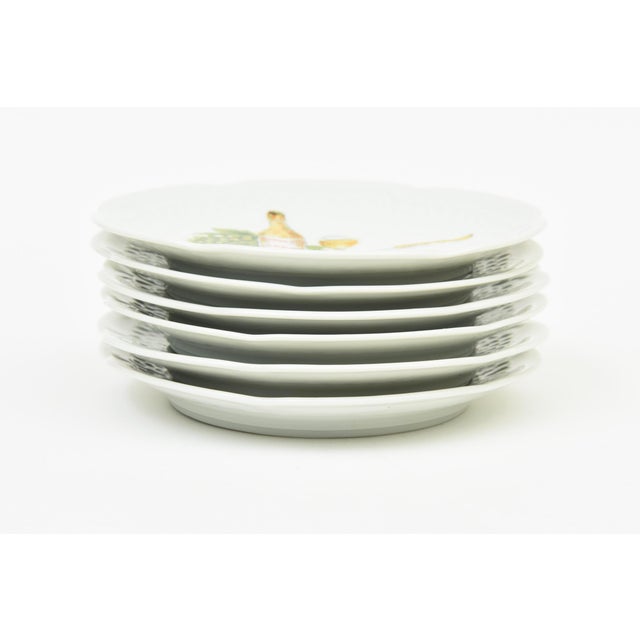 Vintage French Coastal Porcelain Appetizer Plates of Lobster, Wine, Cheese by Lourioux, Set of 6, 1950's For Sale - Image 10 of 12