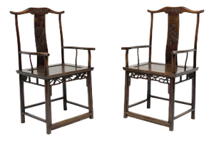 Chinese Fine Yoke Back Armchairs with Bamboo Carvings, circa 1800 - A Pair