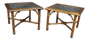 Regency Style Fruitwood Faux Bamboo Side Tables - a Pair