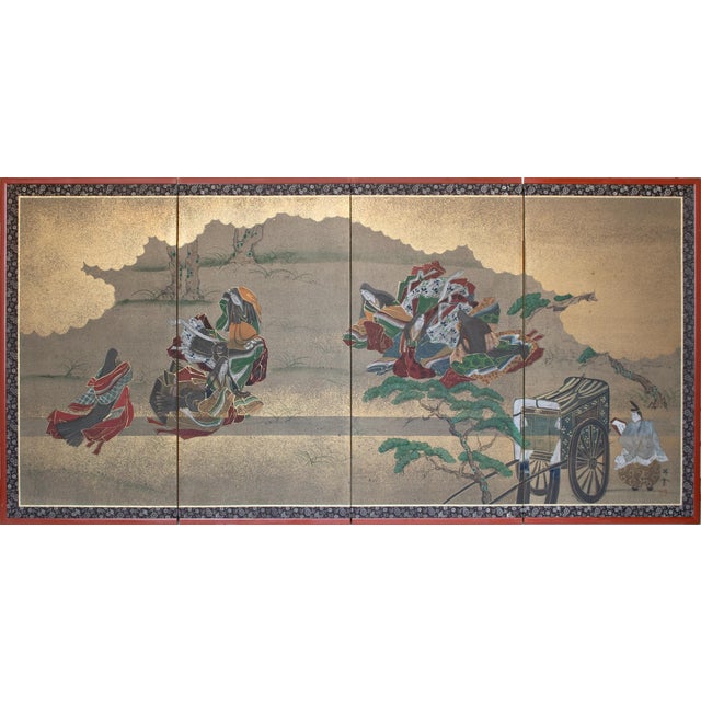 "Dancing Kimono Beauties", C. 1960s Shōwa Era Yamato-E Style Painted Byobu Screen For Sale - Image 18 of 18