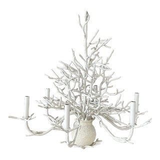 Currey & Company Coastal Rustic Wrought Iron Faux Coral Six Light Chandelier For Sale