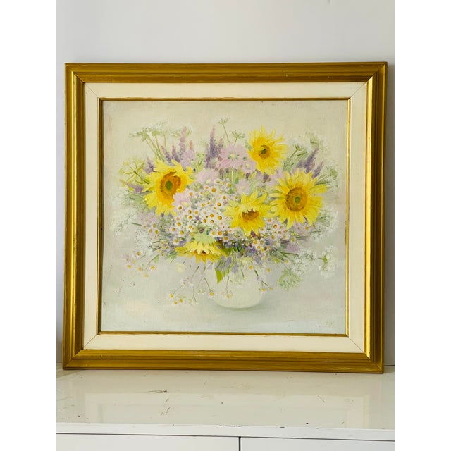 Modern oil on board sunflowers still life floral painting. In a gold tone frame.