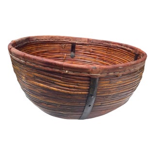 Vintage 17.5” Handmade Primitive Pencil Rattan Basket With Leather Rim For Sale