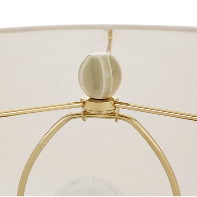Worlds Away Matthew Izzo Home - CeCe Beige Glazed Ceramic Table Lamp With White Linen Sharp, Brass Accent, and Ceramic Finial For Sale - Image 4 of 5
