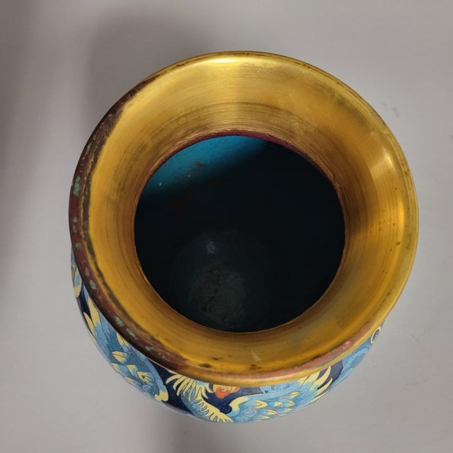 Chinese Cloisonné Vase With Dragon and Phoenix on Blue Ground, Mid-20th Century For Sale - Image 9 of 13