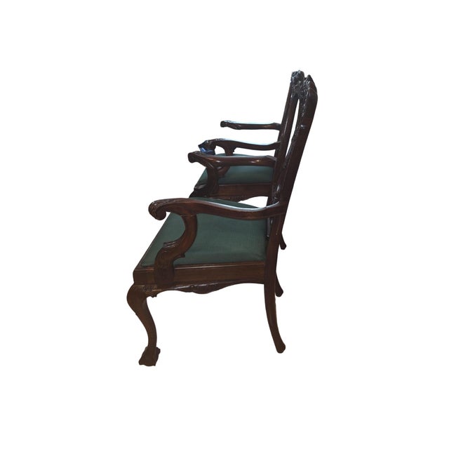 Late 20th Century Pair of Vintage Chippendale-Style Carved Mahogany Armchairs With Green Upholstery For Sale - Image 5 of 12