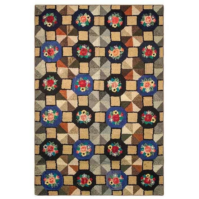 Antique American hooked Rug, size: 6'0" x 9'0". Antique American Hooked Allover Floral Wool Multicolor Jewel Tones 1920s...