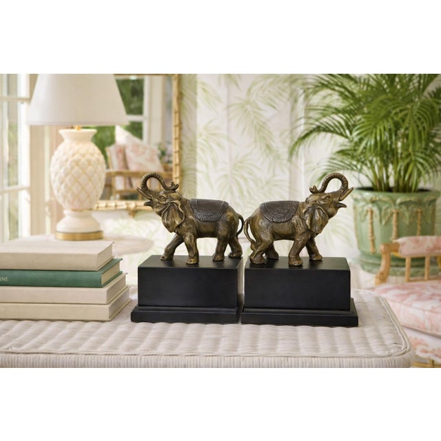Bronze Pair Bronze Elephant (Trunk Up) Bookends on Black Base for Palm Beach Regency, Ralph Lauren Style & More - See Inspiration Photos! For Sale - Image 8 of 9