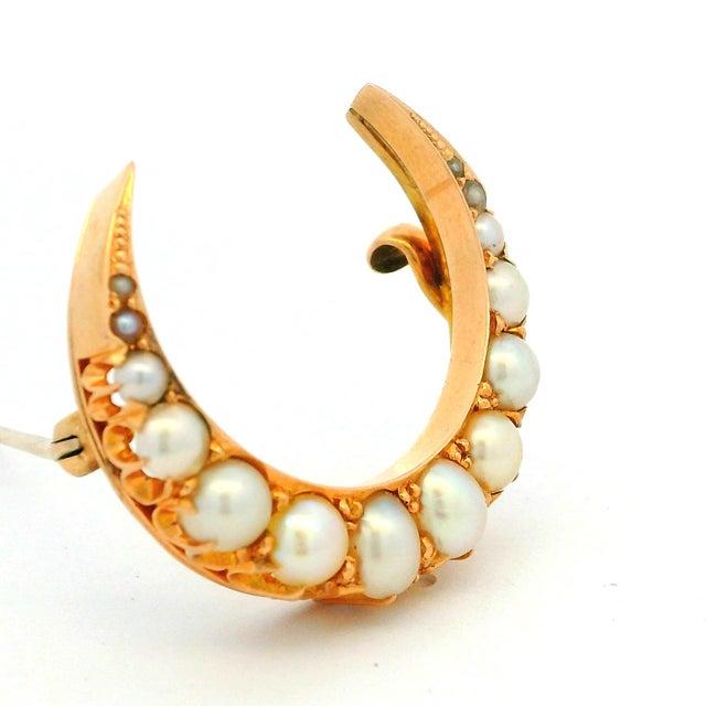 Antique Victorian 15k Gold Pearl Crescent Moon Brooch For Sale - Image 11 of 15