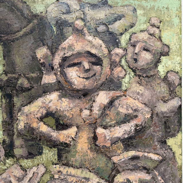 Monumental Japanese oil painting, attributed to Takahashi, dating to the 1980s. The composition is built up around a group...