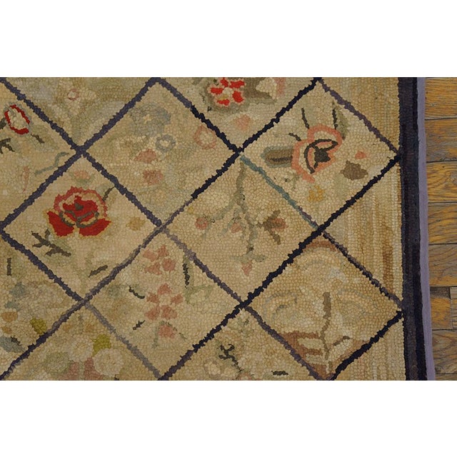 Textile 1930s Tan Camel Diamond Folk Art Antique American Hooked Rug3'0"x 5'0" Handknotted Wool Carpet For Sale - Image 7 of 11