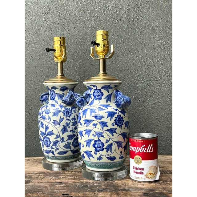 Blue Vintage Asian Blue and White Floral Ceramic Lamps - A Pair For Sale - Image 8 of 12