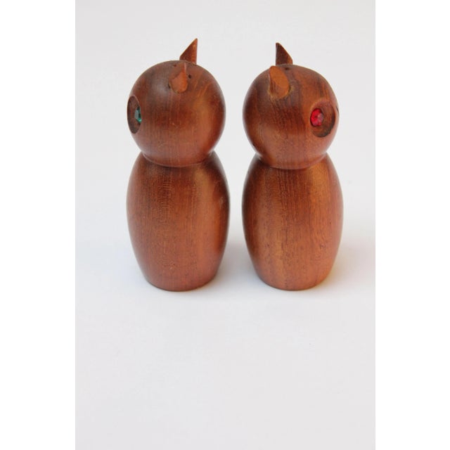 Mid-Century Modern Teak Owl Salt and Pepper Shakers With Jeweled Eyes For Sale - Image 4 of 10