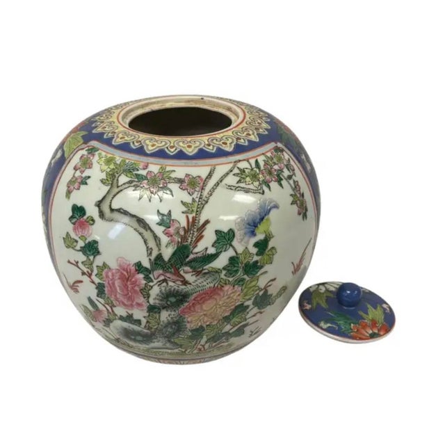Vintage Chinese Porcelain Ginger Jar With Lid, Hand-Painted Famille Rose For Sale In Tampa - Image 6 of 11