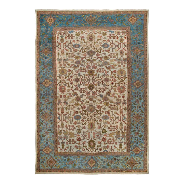 Beautiful Ivory Sky Blue Antique Persian Mahal Carpet For Sale