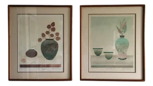 Vintage Monoprints by Michael John March, Wood Framed - a Pair